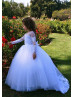 Long Sleeves White Lace Tulle Floor Length Flower Girl Dress